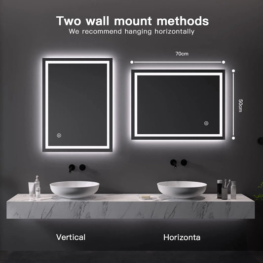 Bathroom Mirror with LED Lights, 500 700 MM Illuminated Bathroom Mirror Wall Mounted Vanity Mirror with Demister Pad