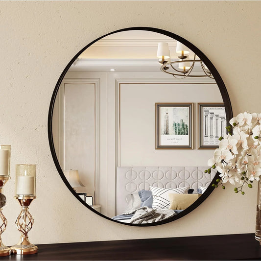 Round Bathroom Mirror 60x60 / 80x80cm, Wall Mirror with Black Brushed Metal Frame for Bathroom Bedroom Entrance Wall Decoration
