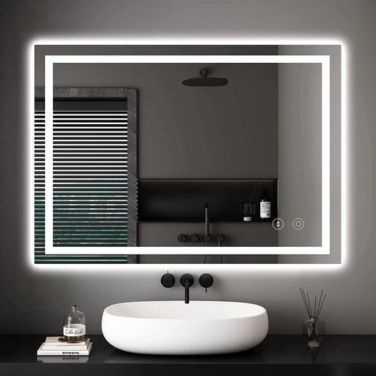 Bathroom Mirror with LED Lights, 500 700 MM Illuminated Bathroom Mirror Wall Mounted Vanity Mirror with Demister Pad