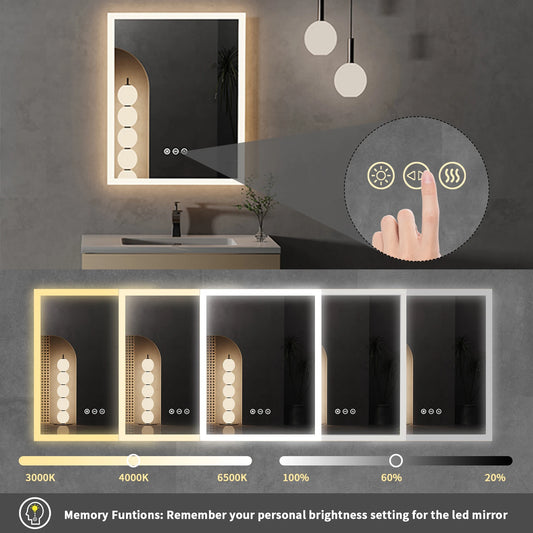 Espejo de baño con luz LED antiniebla, espejo de tocador montado en la pared con botón táctil inteligente, función de memoria, 16x20 pulgadas