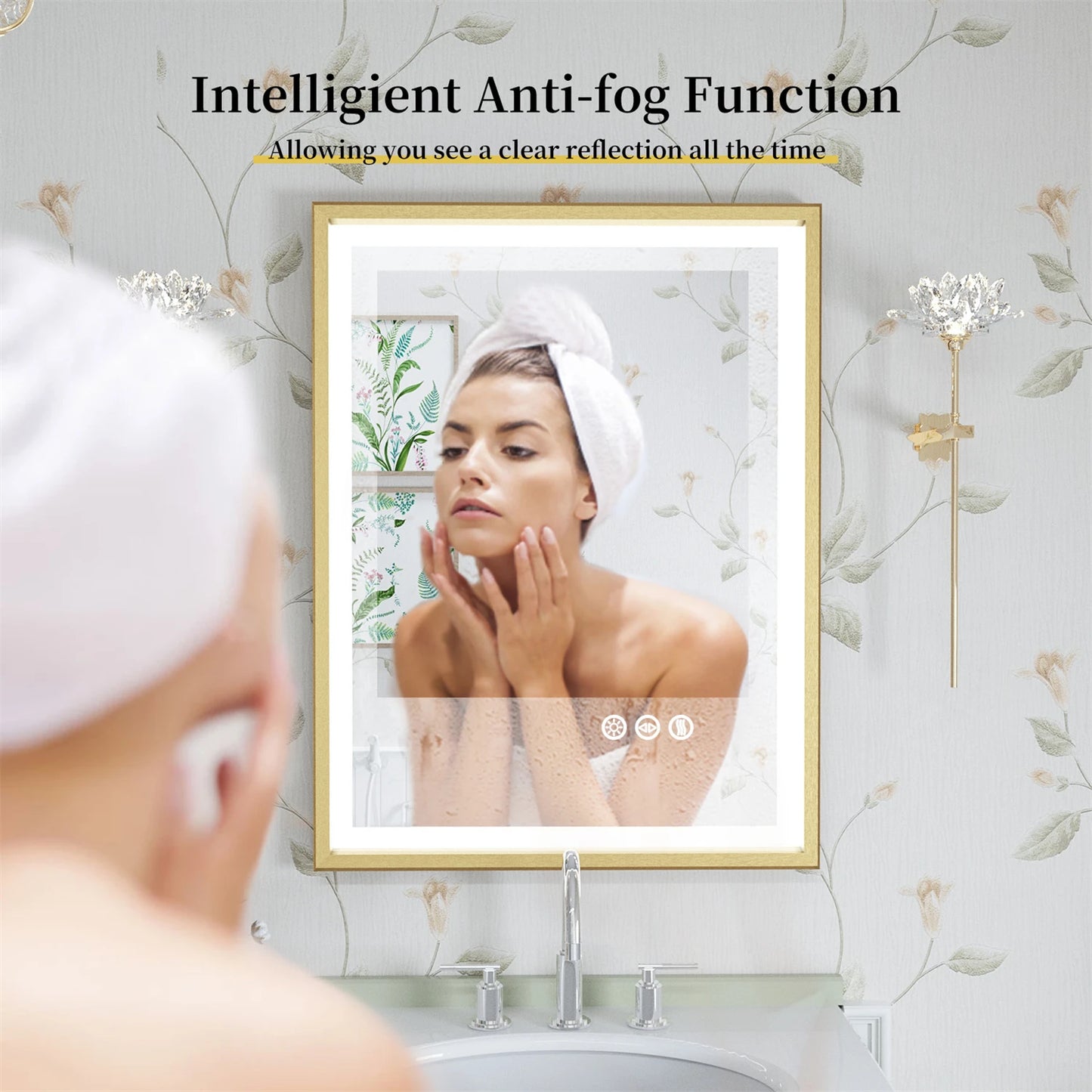 Smart LED Bathroom Mirror Demister Touch Sensor Gold Brushed Brass Frame Anti-Fog Vanity Wall Mirror 3 Sizes